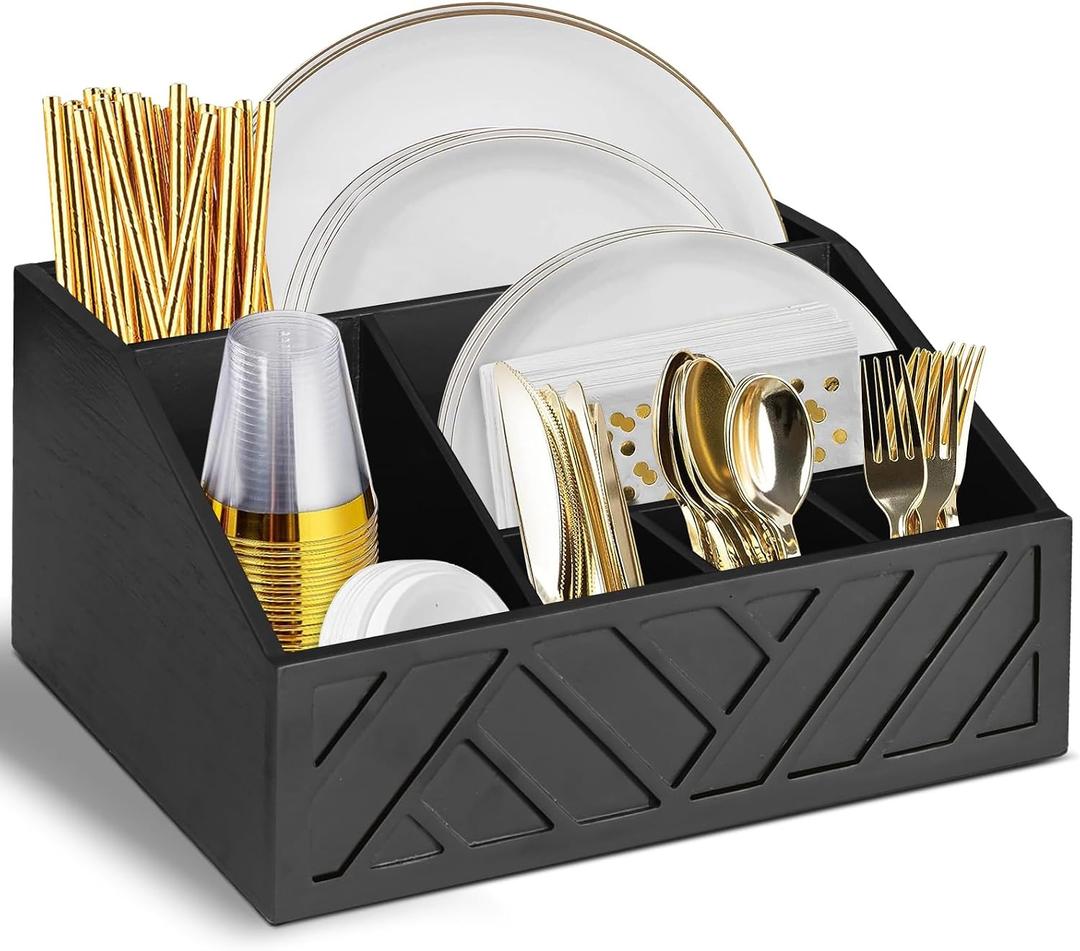 Ukonvi Paper Plate Dispenser, Paper Plate Holder for Kitchen Counter, Wood Rustic Silverware Utensil Caddy, Cutlery Flatware Organizer Box for Cups Spoons Forks Plates Napkins, Kitchen Accessories