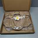 Straw Tote Bag for Women, Large Summer Beach Bag with Polka Dot Scarf & Plumeria Flower (Beige)