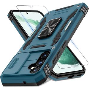DEERLAMN Case for Samsung Galaxy S23 FE 6.4-Inch with Slide Camera Cover+Screen Protector(1 Pack),Rotated Ring Kickstand Military Grade Shockproof Protective Cover-Light Blue