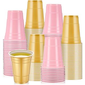 50 Pcs 16 oz Plastic Cups Disposable Party Cups Coffee Cup Heavy Duty Drinking Cup for Valentine Galentine Wedding Birthday Holiday Picnic New Year Party Beer Serving (Pink,Gold)