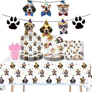 122Pcs Dog Themed Birthday Party Decorations Tableware Set Inculde Plates Napkins Knives Forks Spoons Tablecover Banner for Pet Party Serve 20 Guests