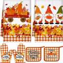 Leinuosen 6 Pack Thanksgiving Kitchen Set with 2 Gnome Dish Towels, 2 Maple Leaves Pot Holders and 2 Car Oven Mitts for Gifting, Baking, and Cooking Accessories (Vibrant Color)