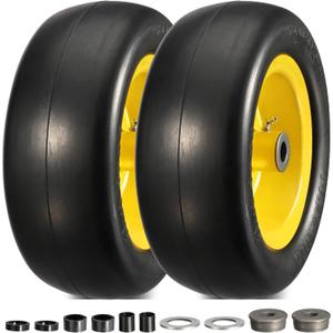 MaxAuto 11x4.00-5 Lawn Mower Tires, 11x4-5 wheel and tire, 11x4x5 Front Smooth Flat Free Tire Assembly Compatible with John Deere/Cub Cadet, 3.4"-5" Centered Hub 3/4" Bushings, 2 Pack