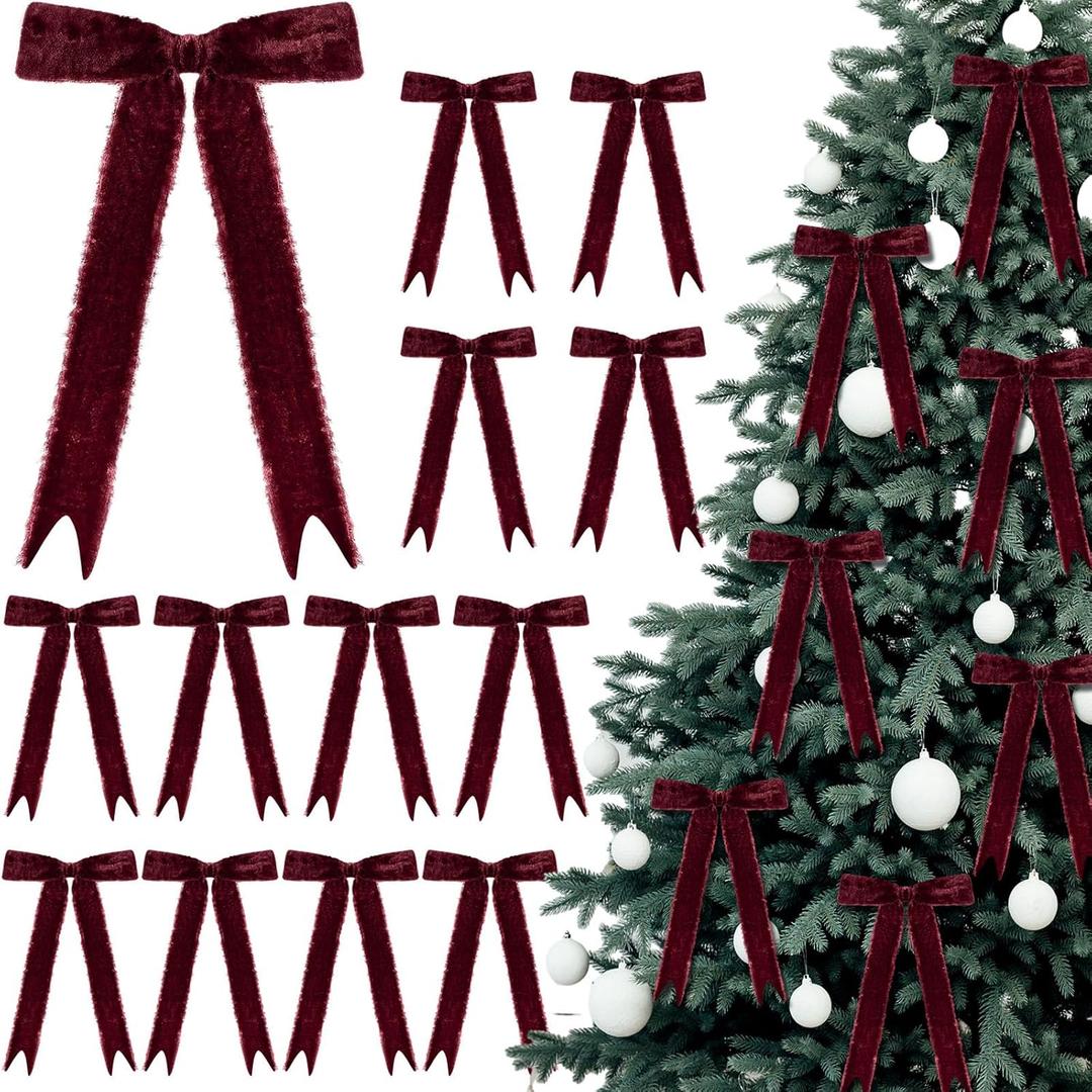 Riceshoot 12 Pcs Burgundy Velvet Bows Valentine Ornaments 11'' x 6.3'' Pre Tied Handmade Fringe Velvet Ribbon Vintage Raw Edge Bows for Tree Crafts Gift Door Garland Home Wedding Holiday Decor