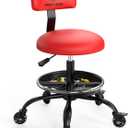 Rolling Shop Stool with Wheels, Garage Mechanic Stool Chair with Backrest, Height Adjustable Heavy Duty Swivel Task Chair, Adjustable Footrest with Storage Tray for Garage Kitchen Salon Tattoo (Red)