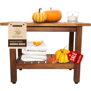 Acacia Wooden Shower Bench with Storage Shelf - Non Slip Sturdy Wood Shower Seat for Inside Shower, Spa - 24" Waterproof Shower Chair 350 lbs Capacity - Golden Teak Finish