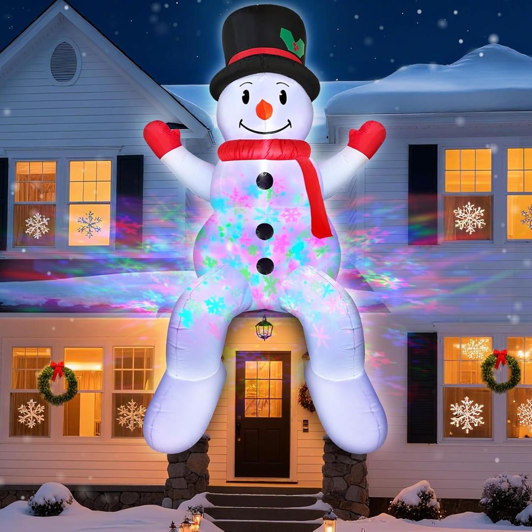 Rotating Snowflake Lights 8FT Christmas Inflatables Outdoor Decoration, Climbing Inflatable Snowman Decor with LEDs, Giant Blow Up Christmas Decorations Outdoor for Xmas Yard Roof Balcony