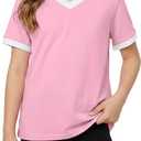 Poroka Girls Short Sleeve Shirt V-Neck Tee with Ribbed Trim Plain T-Shirts Soft Fashion Summer Tops for Girls, 9-10 Years