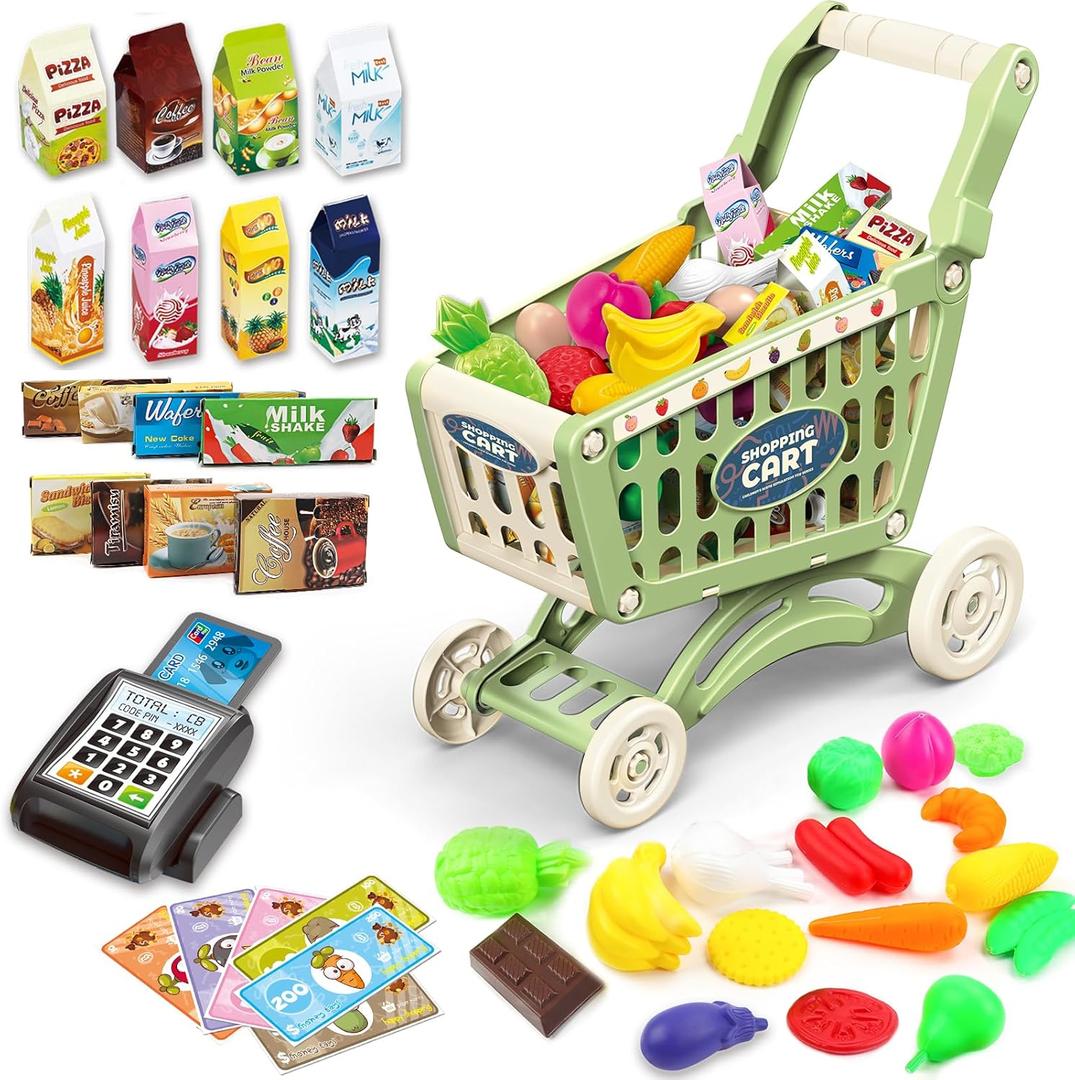 deAO Kids Shopping Cart Trolley for Groceries Toddlers 65 Food Fruit Vegetables Pretend Play Food Role Play Educational Toy Play Kitchen Toys Store Playset (Green)