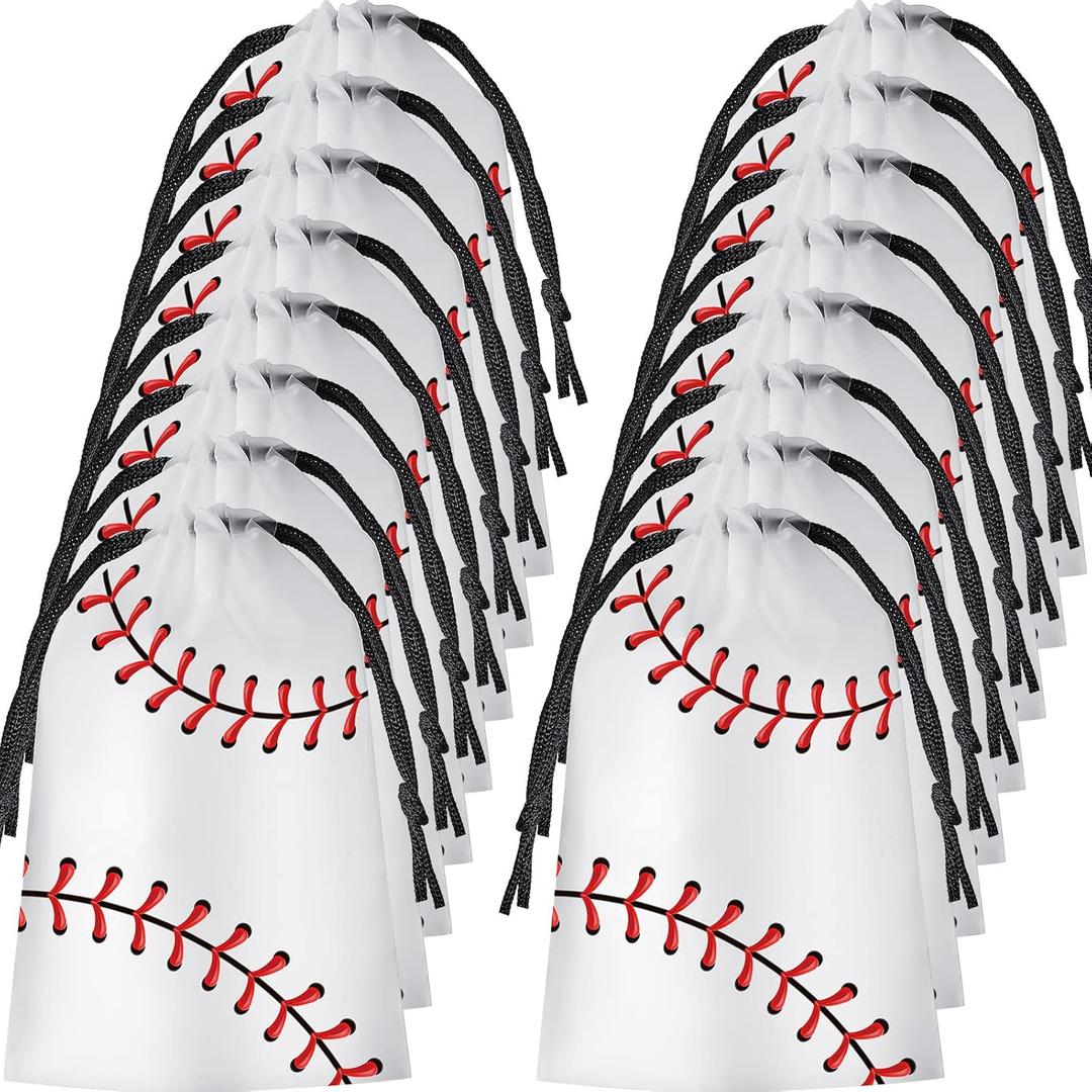 Flutesan 50 Pack 6 x 8 Inch Drawstring Baseball Party Favor Bags Plastic Baseball Snack Goodie Bags Gift Packaging Storage for Birthday Sports Theme Party Supplies