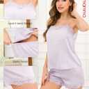 Hellomamma Womens Silk Pajamas Set: Satin Lace Trim Short Sleeve Pj Sets Button Down Pjs 2 Piece Sleepwear Loungewear (L)