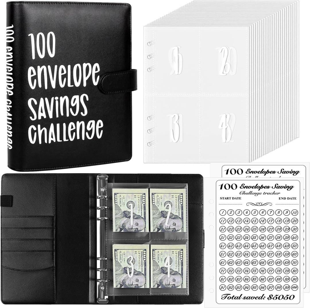 100 Envelopes Money Saving Challenge Binder, Easy and Fun Way to Save $5,050, A5 Budget Book with Cash Envelopes Kit,Black,White