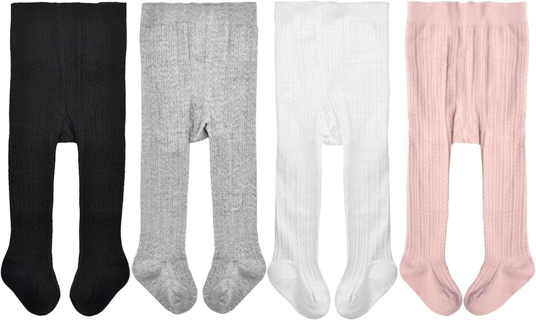 EPEIUS Baby Girls Tights Cable Knit Leggings Stockings Cotton Pantyhose for Newborn Infants Toddlers 3/6 Pack (2-4T, Black White Light Grey Pink,4 Pack)