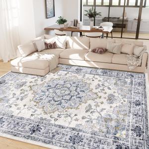 Machine Washable 9x12 Area Rugs for Living Room Vintage Carpet Non Slip Low Pile Water Repellent Soft Print Pattern for Bedroom Indoor Decor Polyester Rug Bluewhite