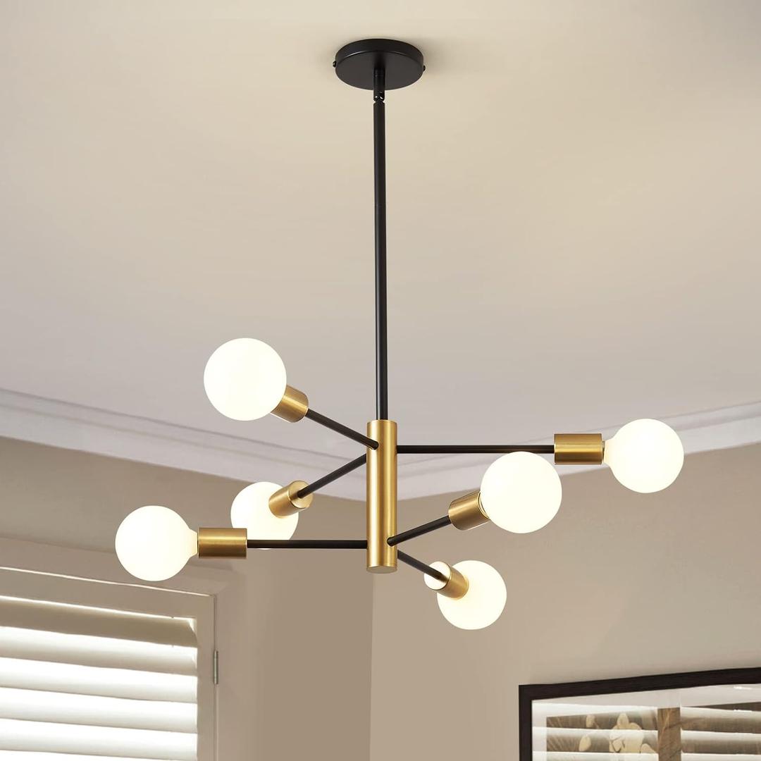 RUIYEY Modern Chandeliers for Dining Room, Black and Gold Chandelier Ceiling Light Fixture 6-Light Sputnik Chandeliers Mid Century Chandeliers for Living Room,Kitchen Island,Bedroom,Foyer