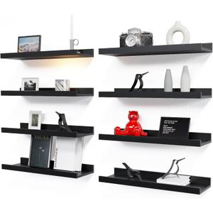 RICHER HOUSE Floating Wall Mounted Shelves, 8pc Set with Lip - Black Nursery Book Shelves for Bedroom, Bathroom, Kitchen Decor Storage (8pcs*15.70in)