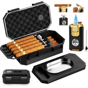 Travel Cigar Humidor Box set with Cigar Ashtray, Cigar Torch Lighter, Built-in V Cutter & Punch & Holder & Draw Enhancer Tool, Humidifier & Hygrometer, Portable Travel Cigar Case, Cigar Gifts for Men (Black)