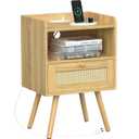 SUPERJARE Nightstand with Charging Station & Rattan-Like Decor Drawer, Solid Wood Feet - Teak, 8621TC