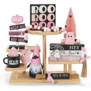 Pink Halloween Decorations 8PCS Tiered Tray Decor, Cute Girlie Tabletop Halloween Decor for Home Tray Shelf Fireplace Mantel Office Desk Table Centerpieces Farmhouse Rustic Spooky Wood Signs