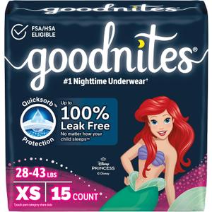 Goodnites Girls' Nighttime Bedwetting Underwear, Size Extra Small (28-43 lbs), 15 Ct