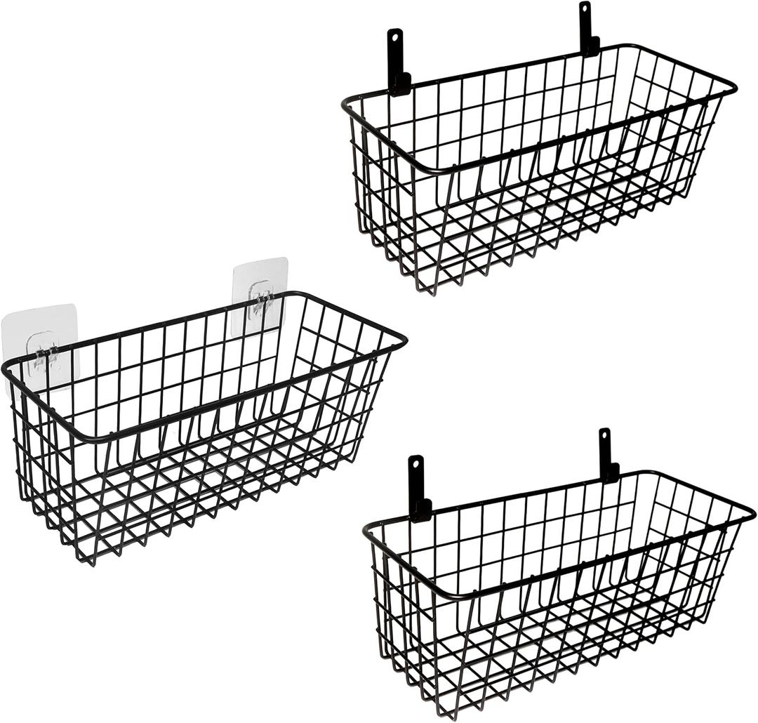Joben Oligey 3 Set Hanging Wire Baskets ,Wall Mount Fruit Basket, No Drilling, Adhesive Small Metal Basket, Farmhouse Food Storage Mesh Bin Kitchen Pantry Laundry Bathroom Closet Garage RV ,Black