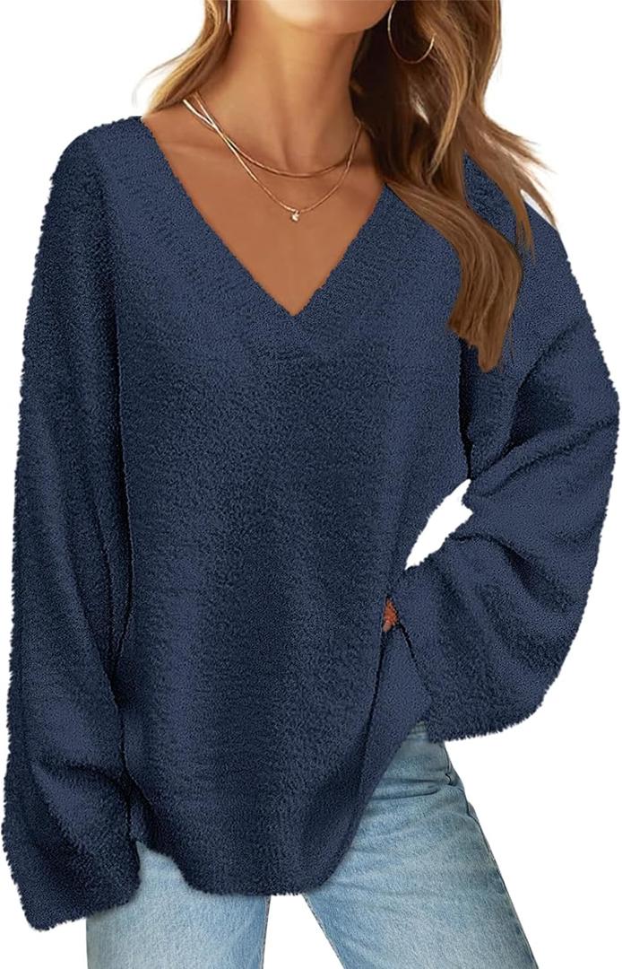 MEROKEETY Sweaters for Women Fall 2026 V Neck Oversized Cozy Chunky Knit Long Sleeve Fuzzy Fleece Pullover Winter Outfits (Small)