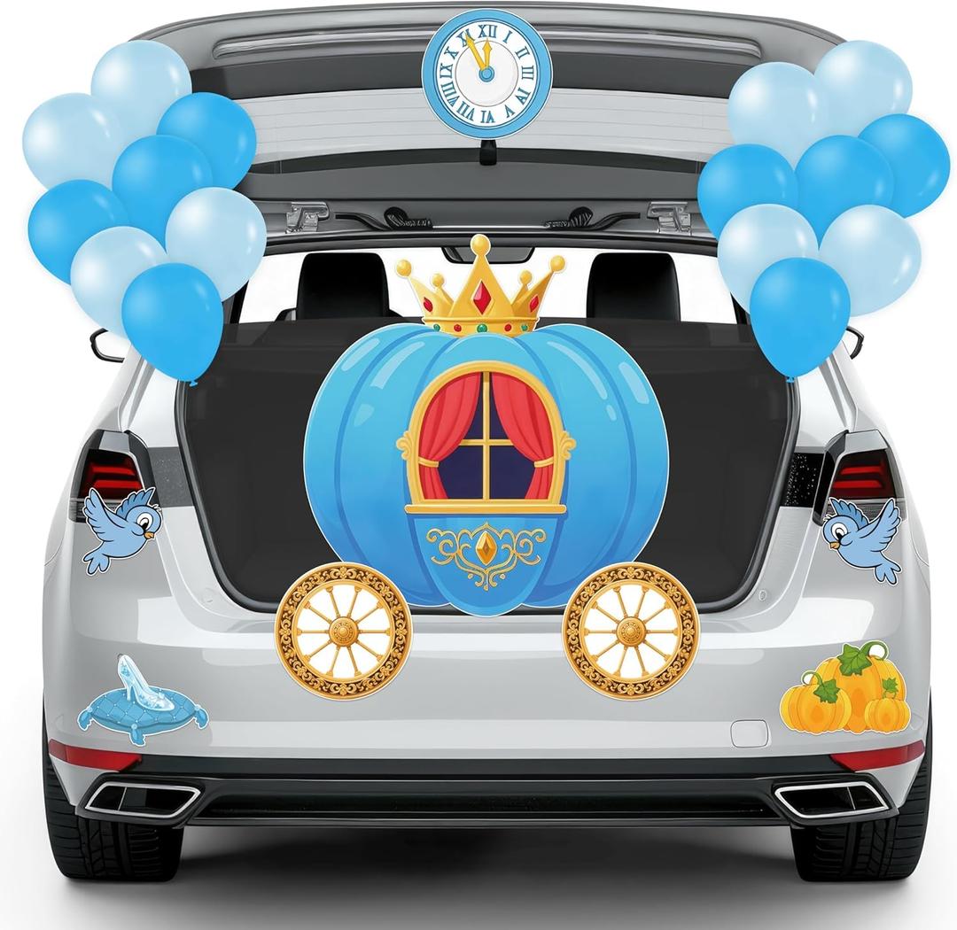 2 x Christmas Trunk or Treat Party Decorations - Princess Prince Car Archway Garage Decoration Blue Pumpkin Cartoon Cutouts with Backdrop Balloons for House Outdoor Decor Birthday Gifts, 42Pcs