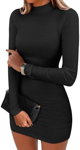 ANRABESS Women Long Sleeve Mock Neck Bodycon Mini Dress 2025 Fall Ribbed Slim Fit Pencil Cocktail Club Night Dresses M