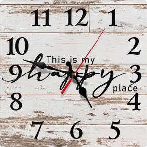 Britimes Square Wall Clock Silent Non-Ticking Battery Operated Clock 12 Inch, Vintage Wood Happy Place Home Decor for Living Room, Bathroom, Bedroom, Kitchen, Office and School