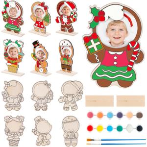 CJiangpo 24 Sets Christmas Picture Frame Ornament, Gingerbread Man Wood Christmas Crafts for Kids, DIY Xmas Craft Color Your Own Photo Frame Tabletop Decor for Classroom Activities Holiday Party Gifts