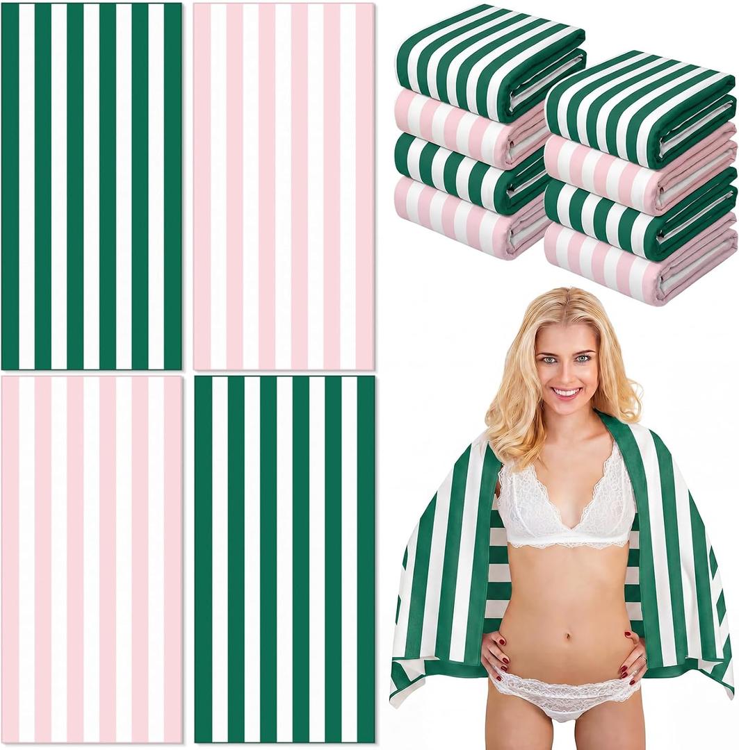 Peryiter 4 Pcs Pink and Green Cabana Striped Beach Towel 60x30 Inch Palm Beach Pool Towel Quick Dry Sand Resistant Microfiber Absorb Water for Summer Cabana Bachelorette Swimming Pool Party