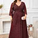 Plus Size Formal Dress Maxi Sparkly V Neck A-line Handkerchief Sleeve Evening Gown Wedding Guest Cocktail Gala, 3XL