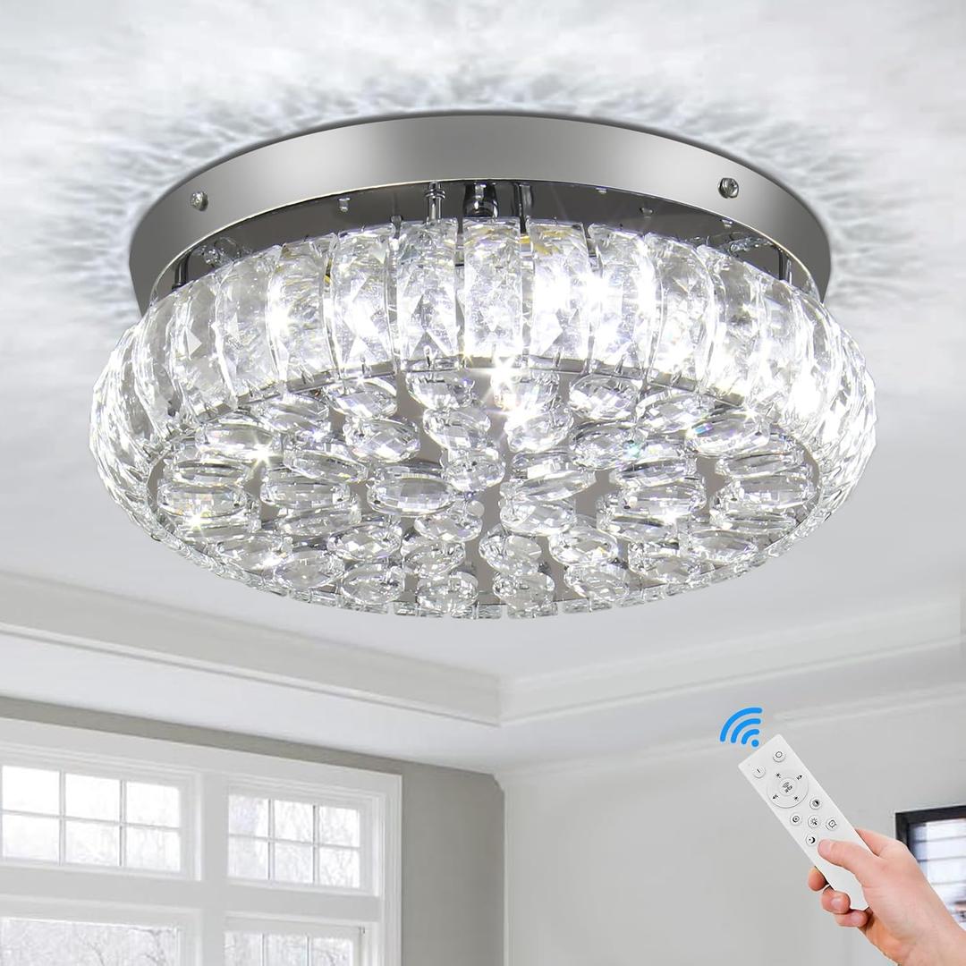 12.5" Dimmable Crystal Chandelier Semi Flush Mount Ceiling Light with Remote Control Round LED Chandeliers for Hallway Foyer Dining Room Living Room (Remote Control)