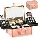 Rose Gold Makeup Case with Lighted Mirror, Detachable LED Mirror, Travel Makeup Train Case, Waterproof Cosmetic Organizer, Standing Makeup Brush Holder, Gift