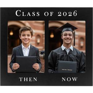 FramePro Class of 2026 Then & Now Graduation Picture Frame, Double 5x7 Wooden Graduation Photo Frame, Black HD Glass Graduation Gift, Simple
