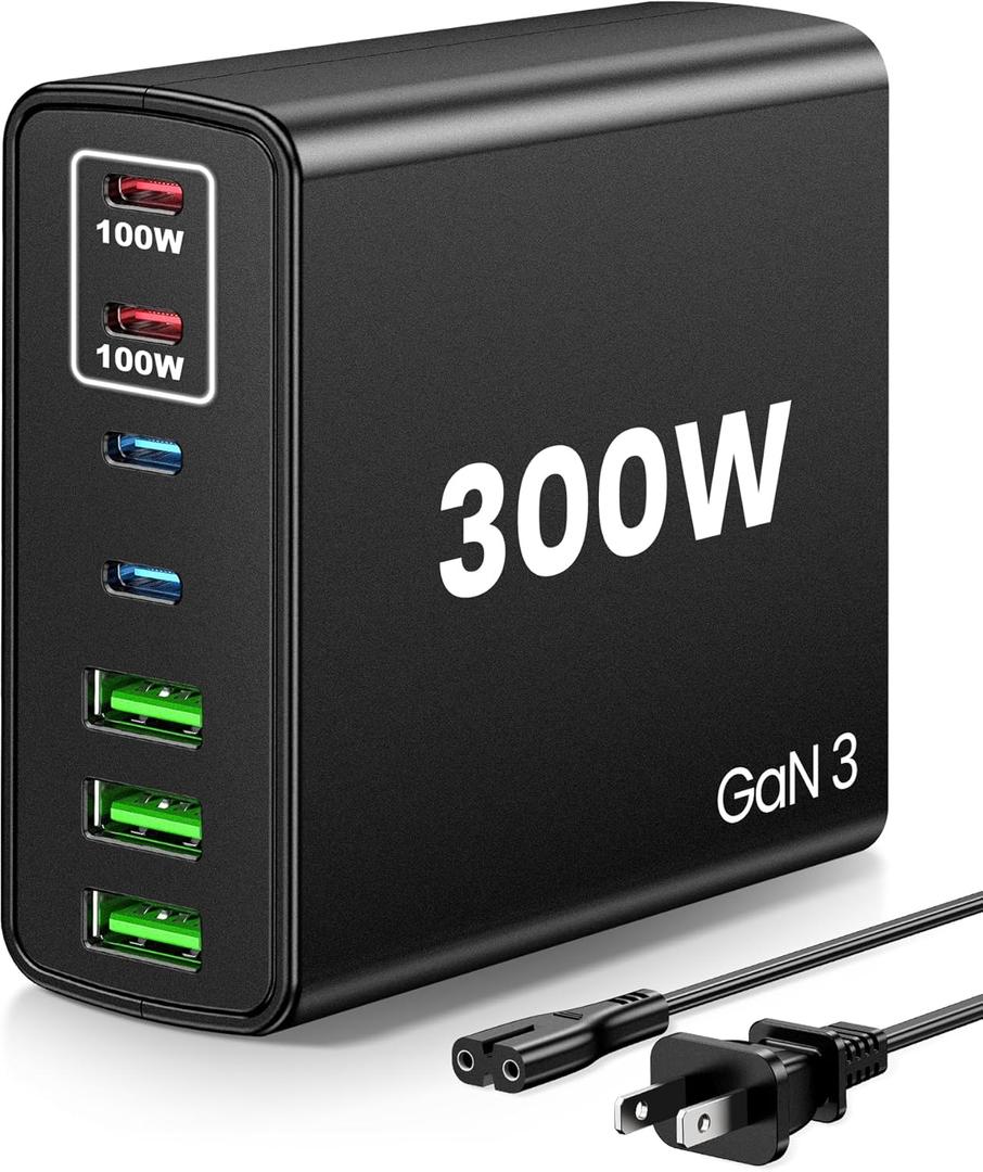 USB C Fast Charger Block 300W: 7 Port USB Charging Station Hub Brick - Dual PPS PD 100W Laptop Wall Charger Power Adapter for MacBook Pro DELL HP Surface iPad iPhone Samsung Galaxy Android