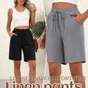 Ficerd 2 Pack Women's Linen Shorts Casual Drawstring Bermuda Summer Wide Leg Knee Length Shorts with Pockets (Black, S)
