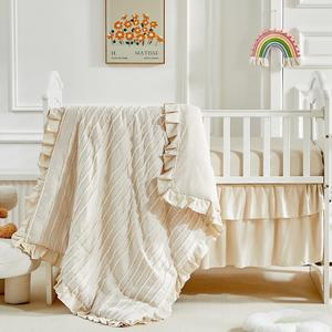 3 Pieces Tufted Stripes Crib Bedding Set with Ruffle Fringe, Beige Ruffled Comforter with Fitted Sheet and Bed Skirt, Soft and Embroidery Shabby Chic Boho Bohemian Jacquard Design for Baby Girls Boys