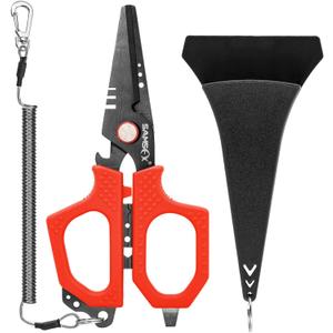 SAMSFX 6.5" Pro Fishing Shears Dual Serrated Blades, Fishing Braided Line Scissors with Titanium Coating, Non-Slip Grip & Multifunction Tool, Includes Hard Molded Locking Sheath & Coiled Lanyard