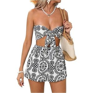 SOLY HUX Women's 2 Piece Beach Vacation Outfits Graphic Print Strapless Tie Front Crop Tube Top and Shorts Set (Multicolor)