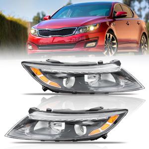 Headlights Assembly for 2014 2015 Optima, with LED Daytime Running Light, Passenger & Driver Side Halogen Headlamp (All Bulbs Included), Clear Lens Black Housing Amber Reflector, 1 Pair