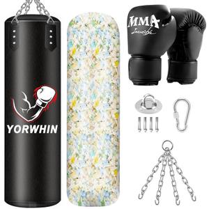 Filled Punching Bag for Adults, 4FT PU Leather Hanging Boxing Bag with 11lb Sponge Filler & 12OZ Boxing Gloves, Heavy Kicking Bag Boxing Equipment for MMA Training Karate Kickboxing