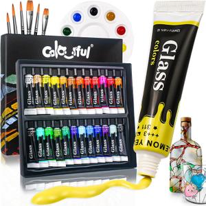 Colorful Stain Glass Paint Set with 6 Brushes, 1 Palette, 24 Color Waterproof Acrylic Enamel Painting Kit for Kids to Arts on Transparent Wine Glasses, Light Bulbs, Windows and Ceramics (0.4 Fl Oz (Pack of 24))