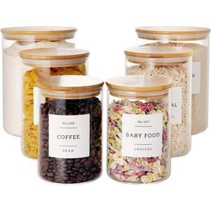 Set of 6 Glass Flour and Sugar jars with 132 Kitchen Pantry Labels - Thicken Large Glass Storage containers with Airtight Bamboo Lid - Rice Canisters for Salt Coffee(100OZ/54OZ/27OZ)