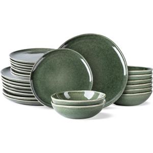 AmorArc Ceramic Dinnerware Sets,Handmade Reactive Glaze Stoneware Plates and Bowls Set,Highly Chip and Crack Resistant | Dishwasher & Microwave Safe Dishes Set,Service for 8 (24pc) (Jade Green)