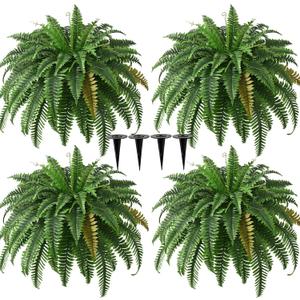 4PCS 45in Fake Ferns- Outdoor Faux Plants, Large UV Resistant Artificial Ferns for Outdoors, Weatherproof Faux Boston Fern Realistic Fake Artificial Plant for Porch Home Garden Patio Hanging Decor
