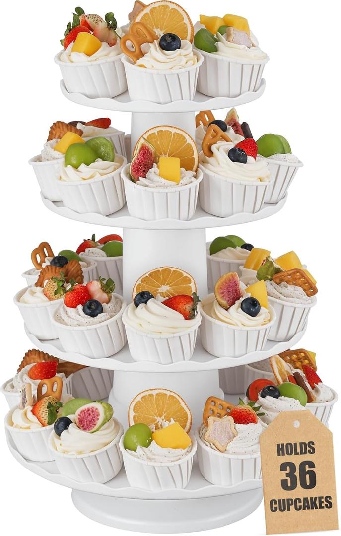 4-Tier Large Cupcake Stand Tower Holder for 36 CupcakesPlastic Cupcake Stand Cupcakes Tree 4 Tiered Dessert Table Treat Stands for PartyReusable Cookie Holder Risers for WeddingBirthdayParty Events (White)