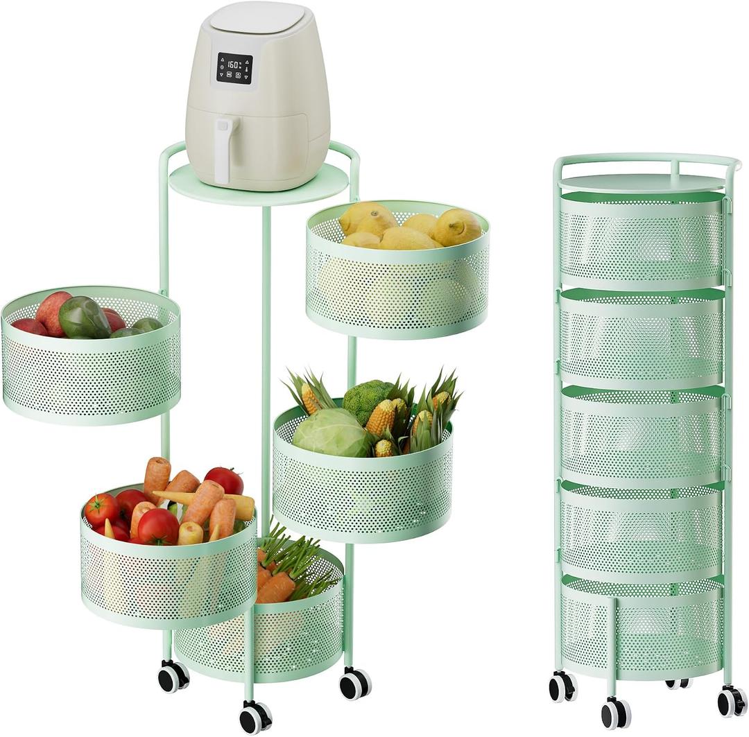 JAQ Rotating Fruit Basket, 5-Tier Metal Sturdy Kitchen Storage Rack Shelf Carts No Assembly on Rolling Wheels for Fruit Vegetable Grocery Corns Potato Onion (5-Tier, Green), 13.38 inches x 13.38 inches x 36.22 inches