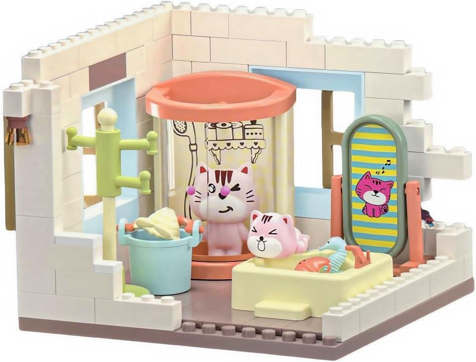 Koko's Cat Town DIY Miniature House Kit, Tiny White House Series Bathroom Building Kit, Dollhouse with 254PCS, Cat Toys Gift for Girls Boys Teens Kids Ages 3+