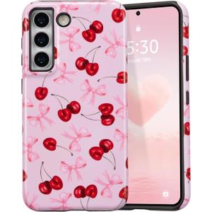 DEFBSC Case for Samsung Galaxy S22, Cute Pink Bow Cherry Print Aesthetic Trendy Pattern for Women Girls Slim Durable Bumper Shockproof for Samsung Galaxy S22 Case, Pink Ribbon/Glossy
